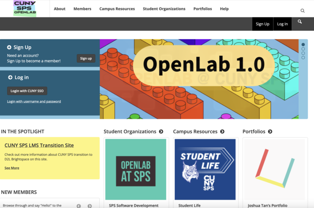 CUNY SPS OpenLab's homebage, with "OpenLab 1.0" on top of an image of multicolored lego blocks